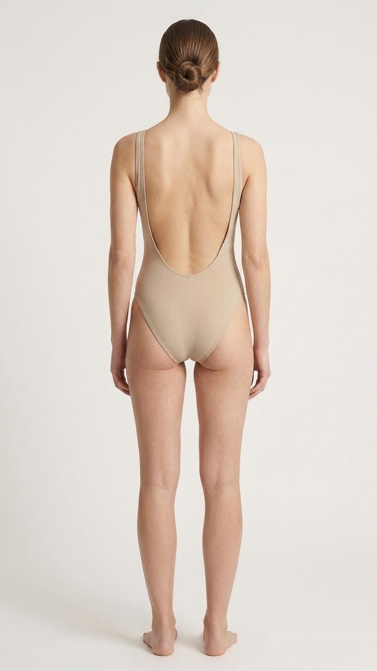 Nude Backless One-Piece Swimsuit, Soft Beige Classic Active Flattering XS-3XL