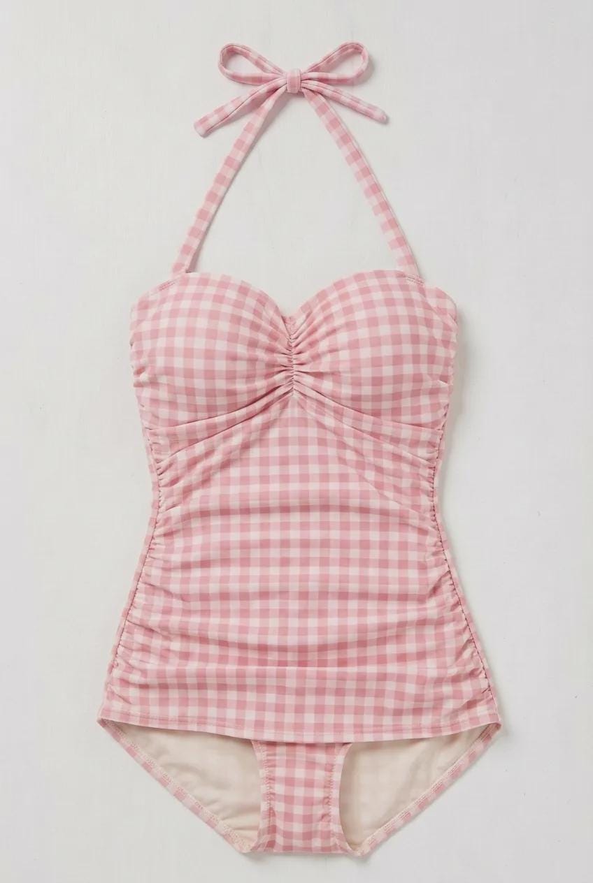 Coquette Vintage Pin Up Gingham Checkered Halter Sweetheart One-Piece Swimsuit, Padding & Tummy Control, Pink