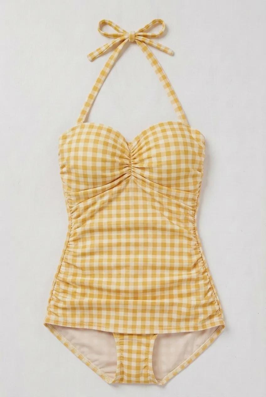 Coquette Vintage Pin Up Gingham Chequered Halter Sweetheart One-Piece Swimsuit, Padding & Tummy Control, Yellow