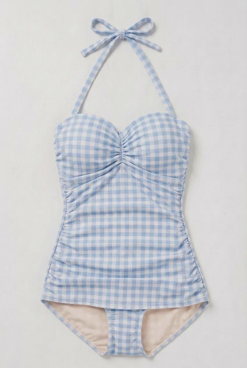 Coquette Vintage Pin-Up Gingham Checker Halter Sweetheart One-Piece Swimsuit, Padding & Tummy Control, Blue