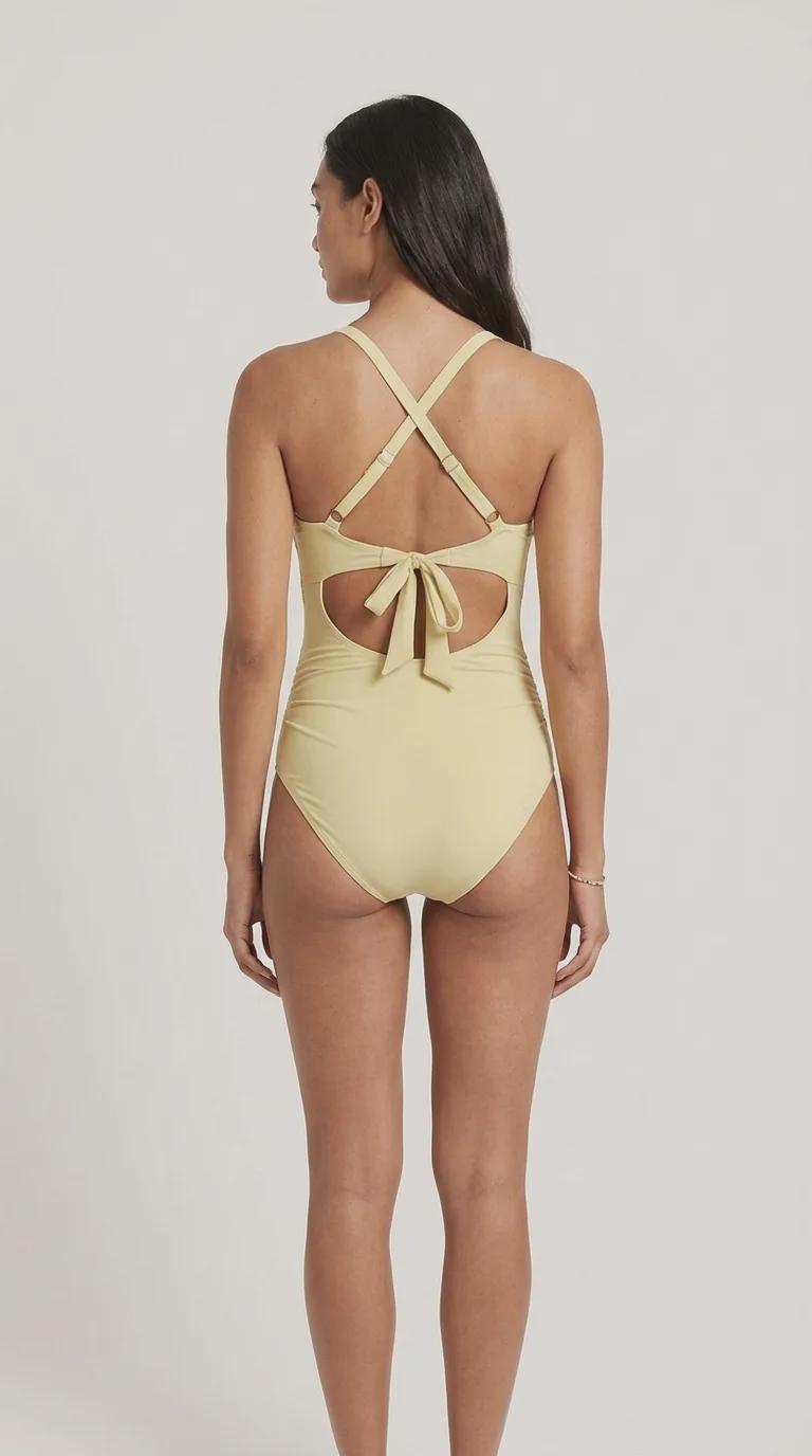 Buttermilk Cut-Out One-Piece Swimsuit, Lace-Up Back & Ruching, Pin-Up Vibes