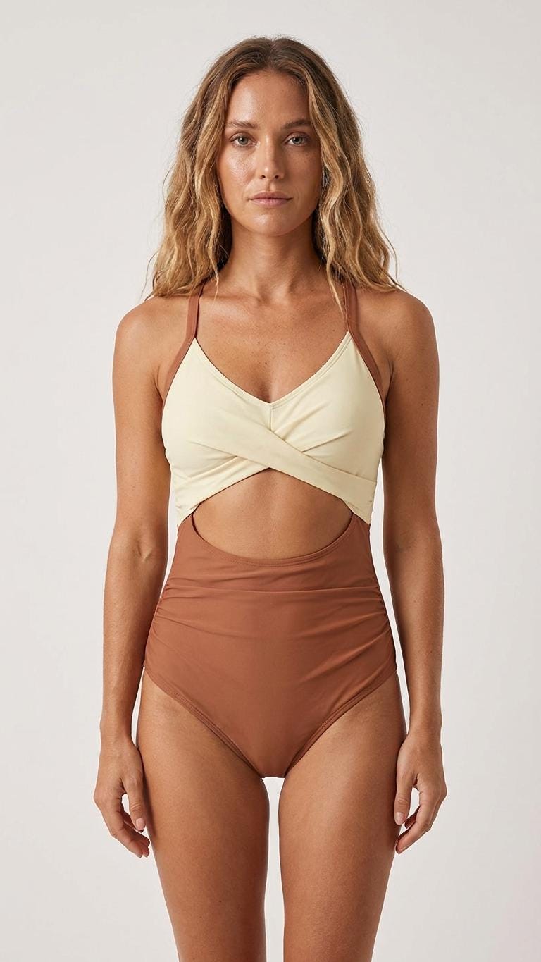 Buttermilk and Brown Cut-Out One-Piece Swimsuit, Lace-Up Back & Ruching, Pin-Up Vibes