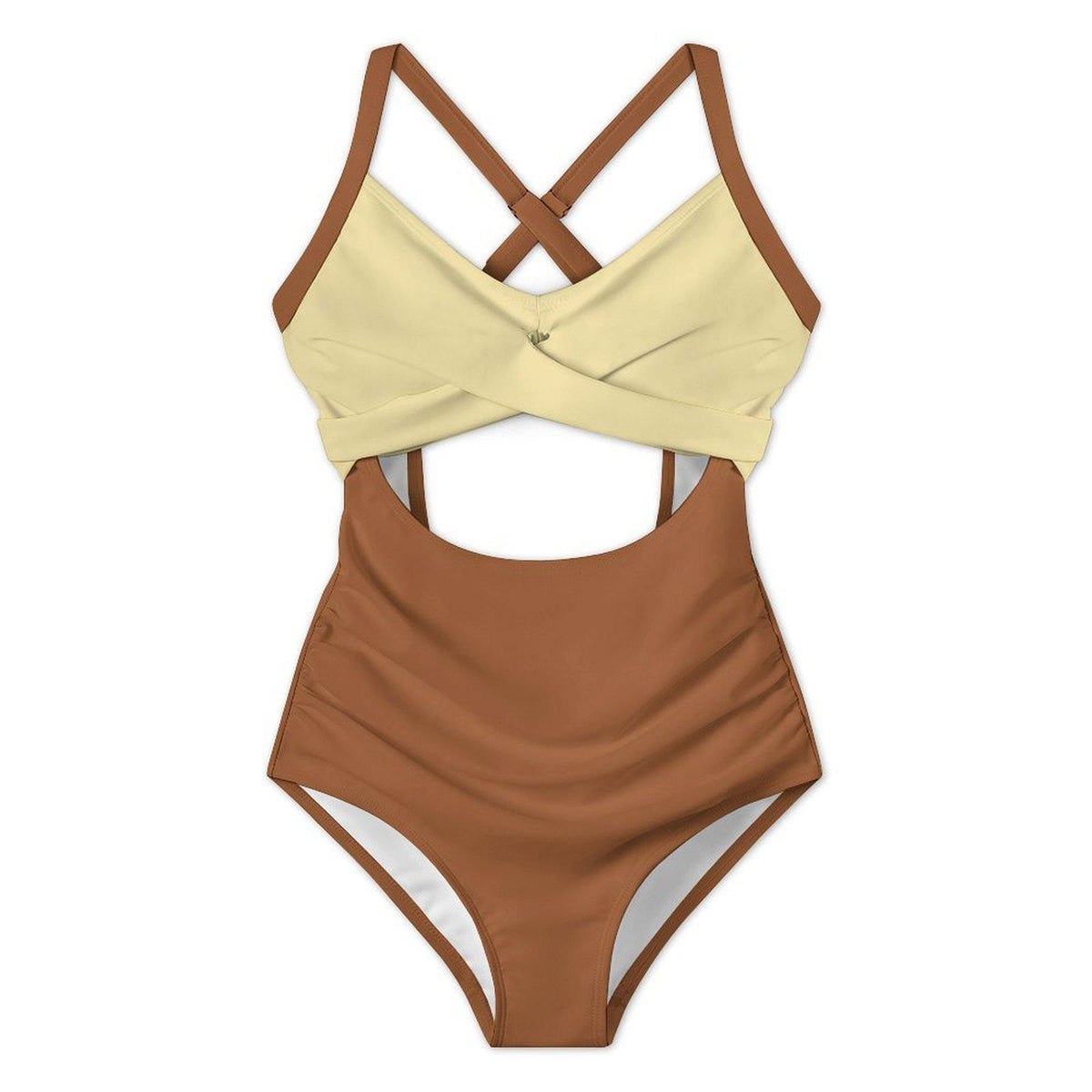 Buttermilk and Brown Cut-Out One-Piece Swimsuit, Lace-Up Back & Ruching, Pin-Up Vibes