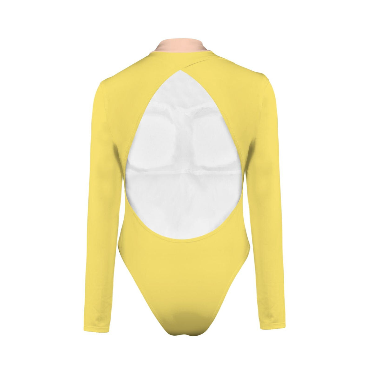 Buttercup Yellow Long-Sleeve Open-Back Swimsuit, One-Piece Surf Swimwear, Front Lined, Removable Padding, Pink Collar