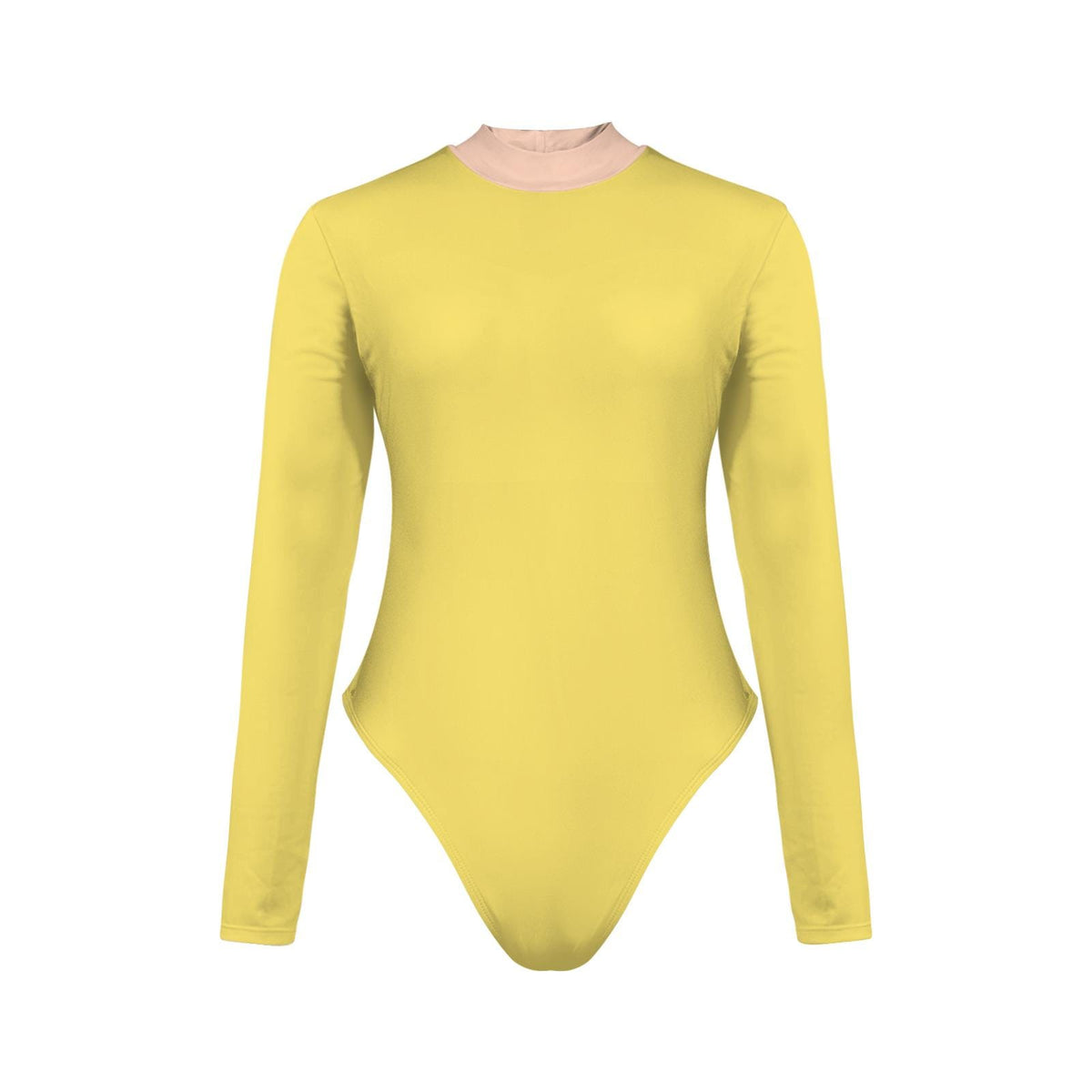 Buttercup Yellow Long-Sleeve Open-Back Swimsuit, One-Piece Surf Swimwear, Front Lined, Removable Padding, Pink Collar