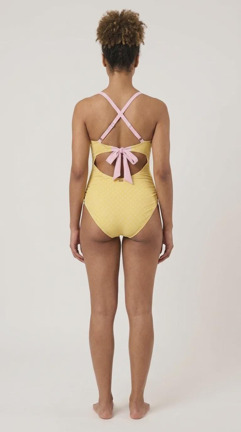 Polka Dot Cut-Out One-Piece Swimsuit, Lace-Up Back & Ruching, Yellow with Pink Details, Pin-Up Vibes