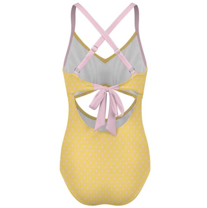 Polka Dot Cut-Out One-Piece Swimsuit, Lace-Up Back & Ruching, Yellow with Pink Details, Pin-Up Vibes