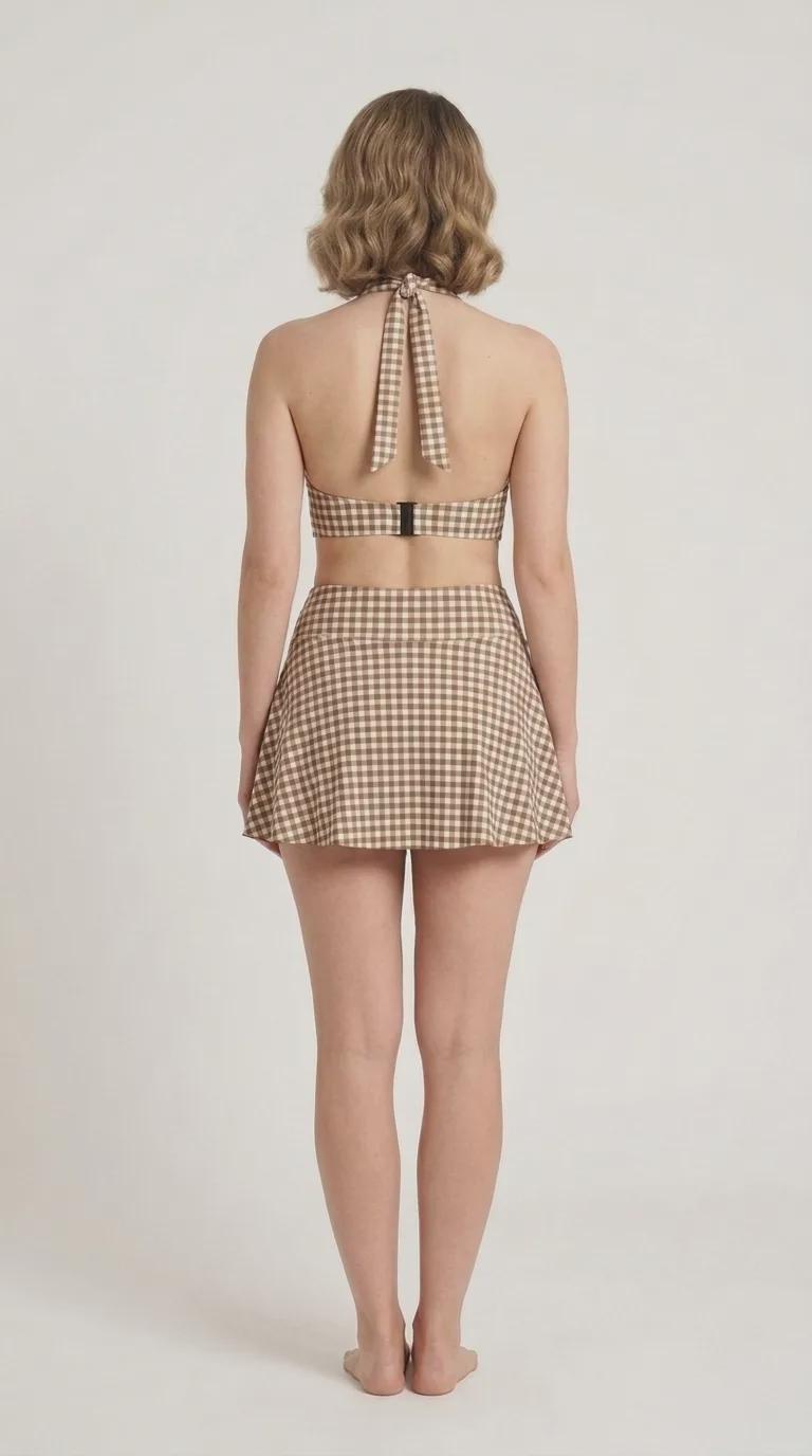 Brown Gingham Retro Halter Tankini Skort Swim Set with Integrated Bottoms