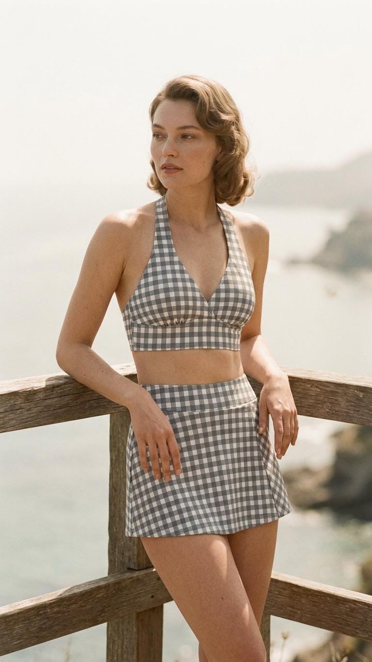 Blue Gingham Retro Halter Tankini Skort Swim Set with Integrated Bottoms