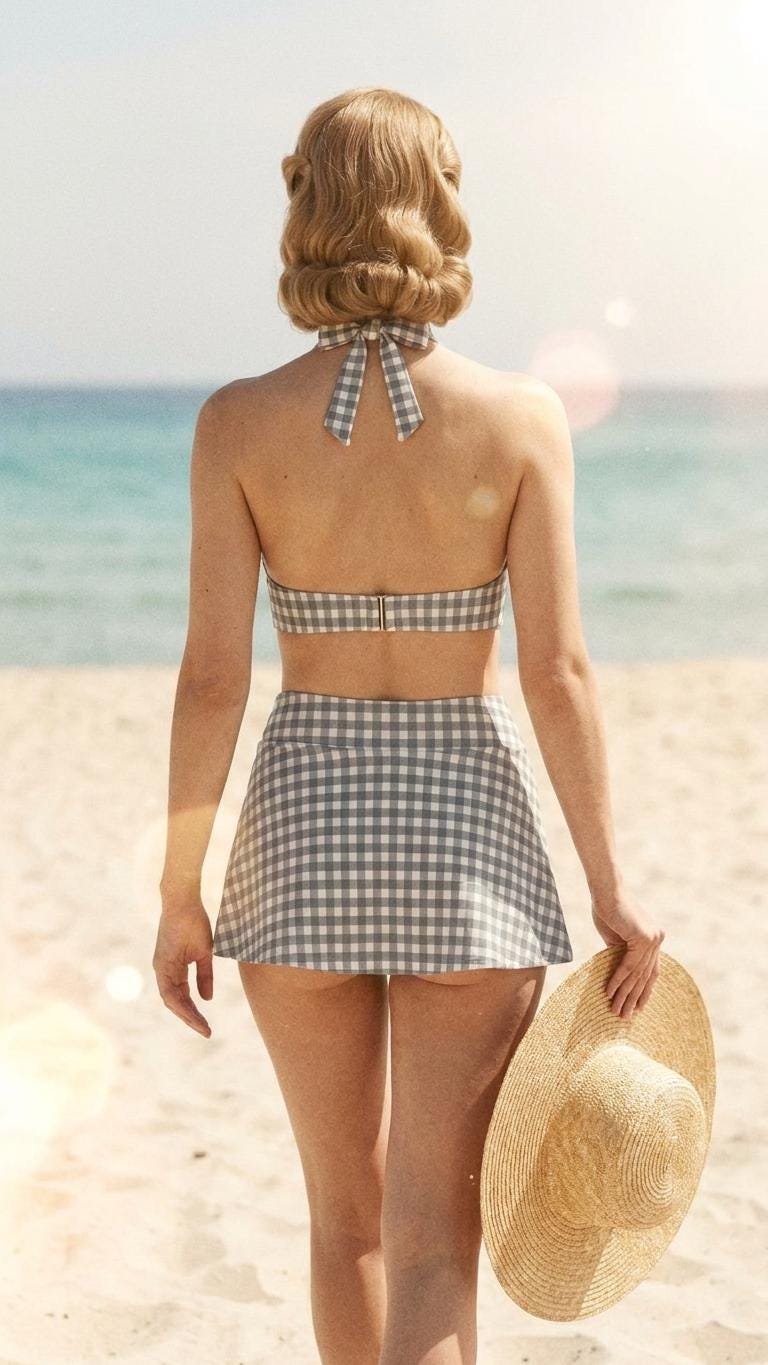 Blue Gingham Retro Halter Tankini Skort Swim Set with Integrated Bottoms