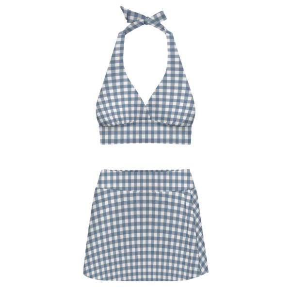 Blue Gingham Retro Halter Tankini Skort Swim Set with Integrated Bottoms