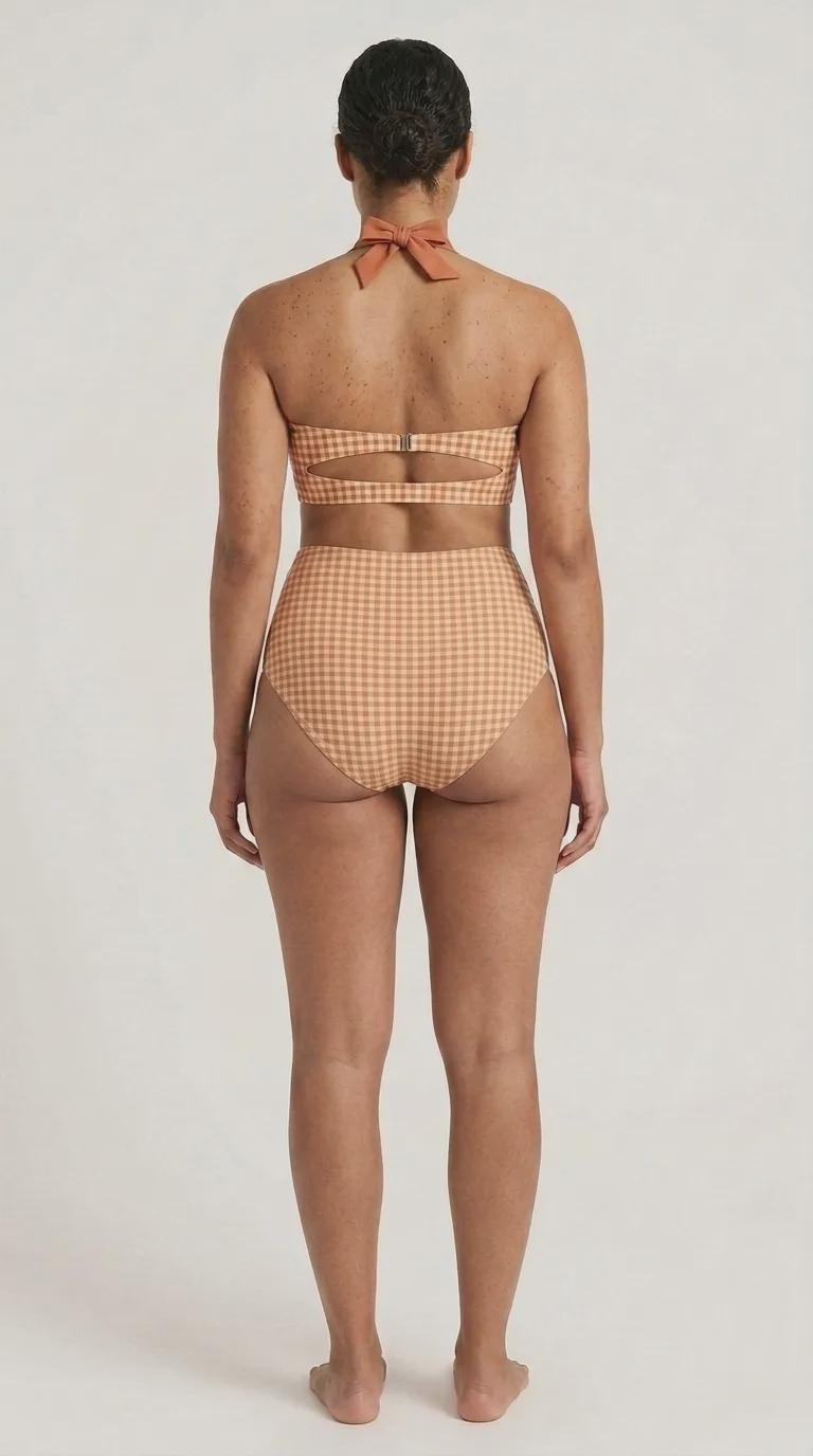 Retro Sweetheart High-Waist Bikini, Vintage-Inspired Pin Up Halter Swimsuit, Earthy Warm Colours Plaid