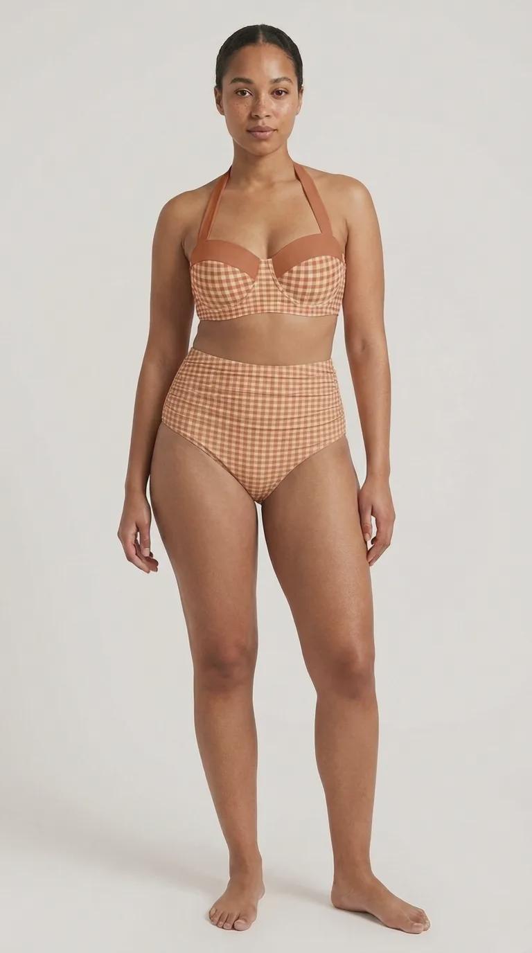 Retro Sweetheart High-Waist Bikini, Vintage-Inspired Pin Up Halter Swimsuit, Earthy Warm Colours Plaid