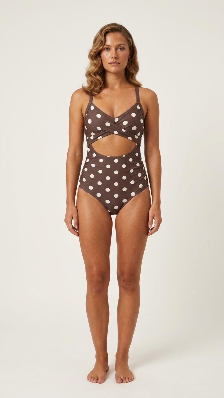 Polka Dot Cut-Out One-Piece Swimsuit, Lace-Up Back & Ruching, Pin-Up Vibes, Brown