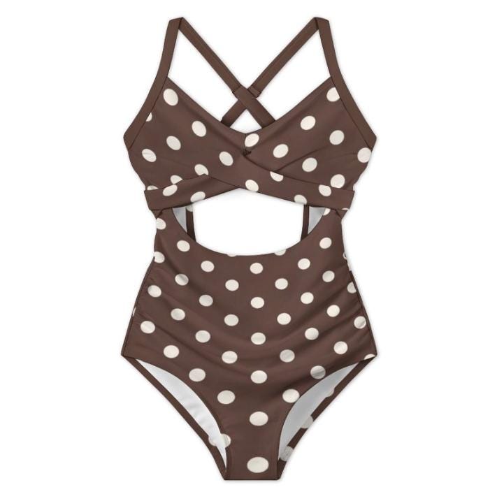 Polka Dot Cut-Out One-Piece Swimsuit, Lace-Up Back & Ruching, Pin-Up Vibes, Brown