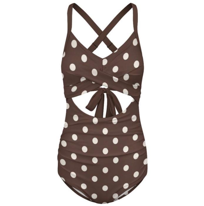 Polka Dot Cut-Out One-Piece Swimsuit, Lace-Up Back & Ruching, Pin-Up Vibes, Brown