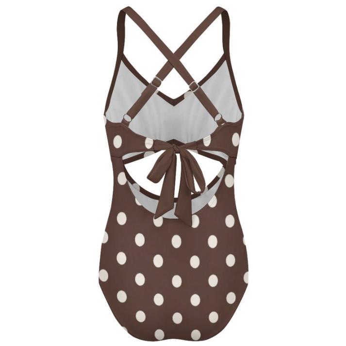 Polka Dot Cut-Out One-Piece Swimsuit, Lace-Up Back & Ruching, Pin-Up Vibes, Brown