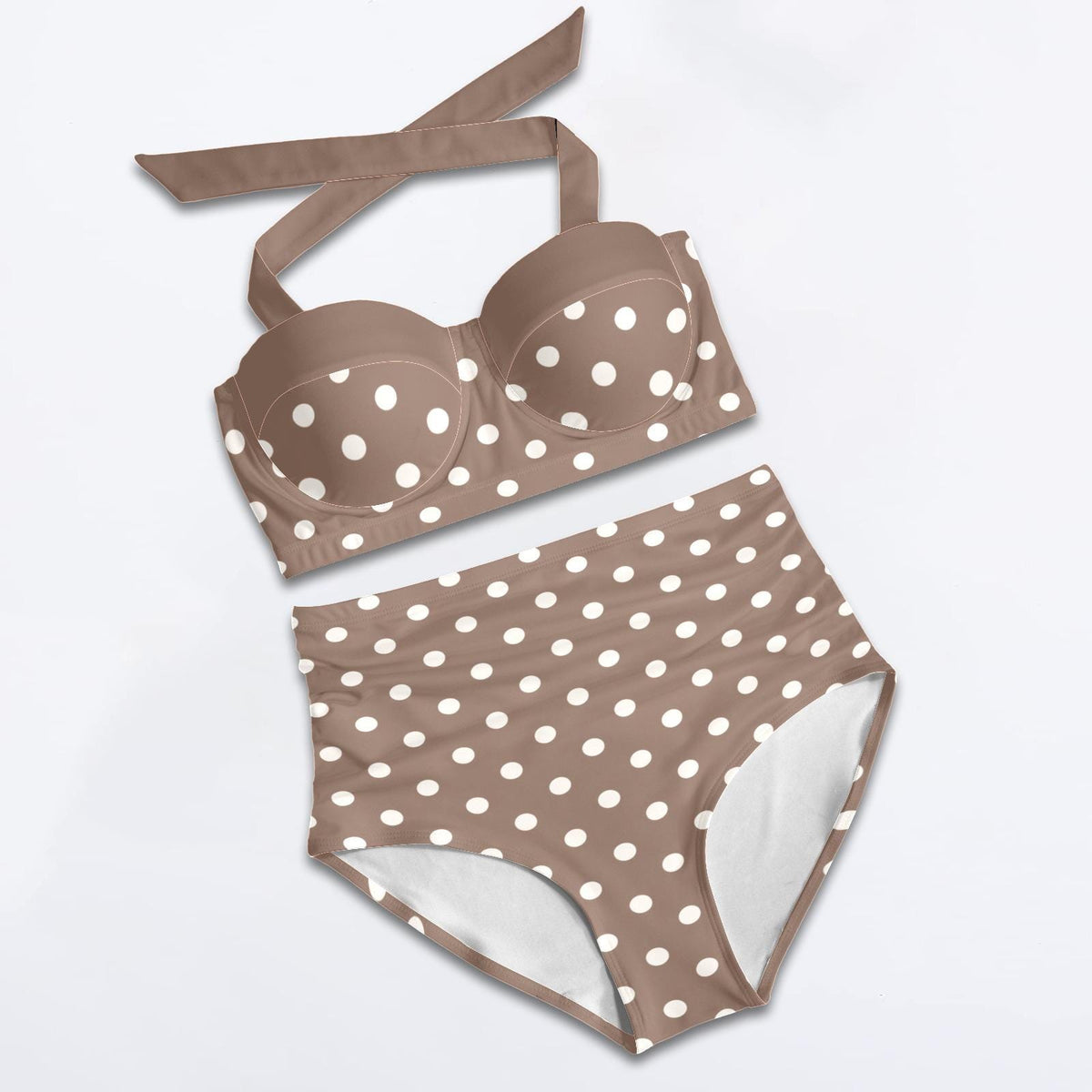 Retro High-Waisted Bikini | Pin-Up Ruched Two-Piece Swimsuit, Mink Brown Polka Dot