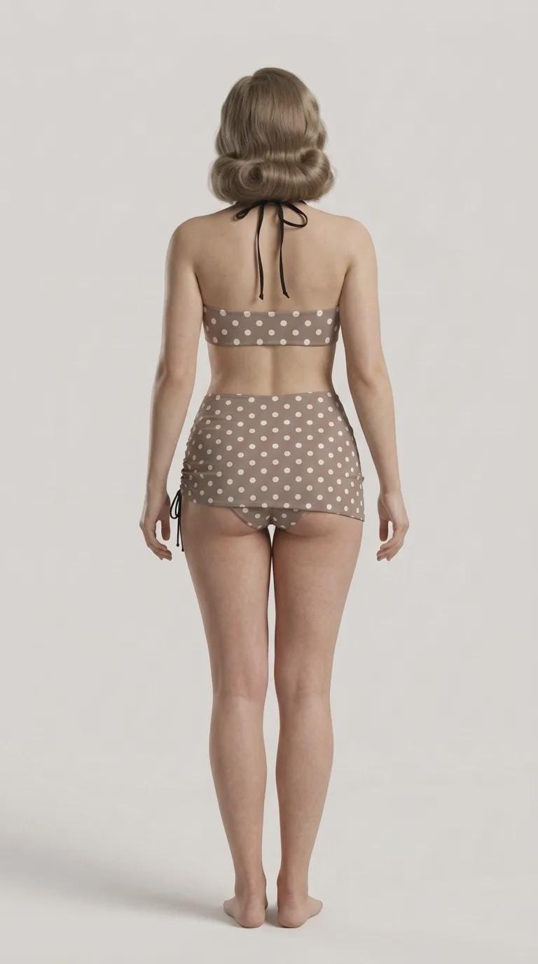 Halter Drawstring Three-Piece Swimsuit with Beach Skirt, Pin-Up Retro Vibe in Mink-Brown Polka-Dot