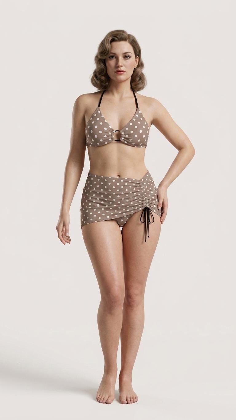 Halter Drawstring Three-Piece Swimsuit with Beach Skirt, Pin-Up Retro Vibe in Mink-Brown Polka-Dot
