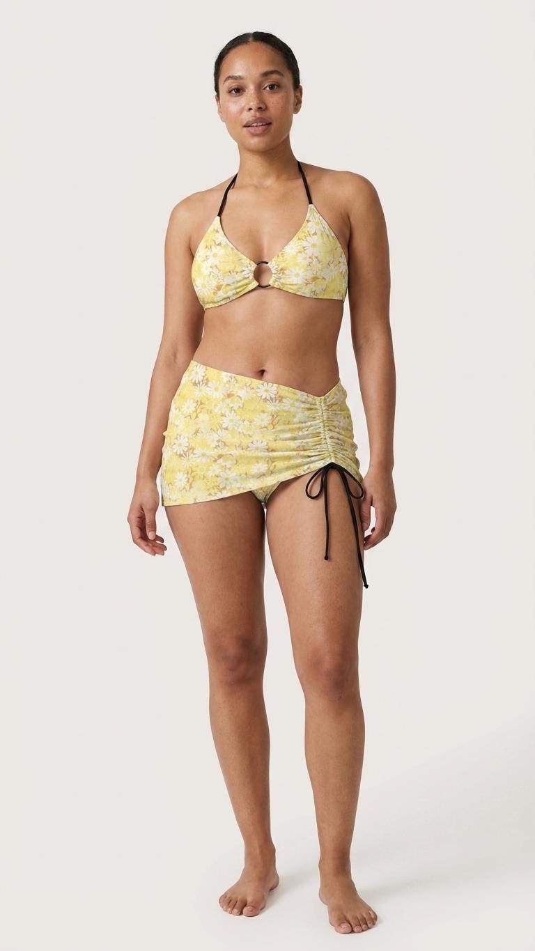Halter Drawstring Three-Piece Swimsuit with Beach Skirt, Pin-Up Vibe, Retro Yellow Florals