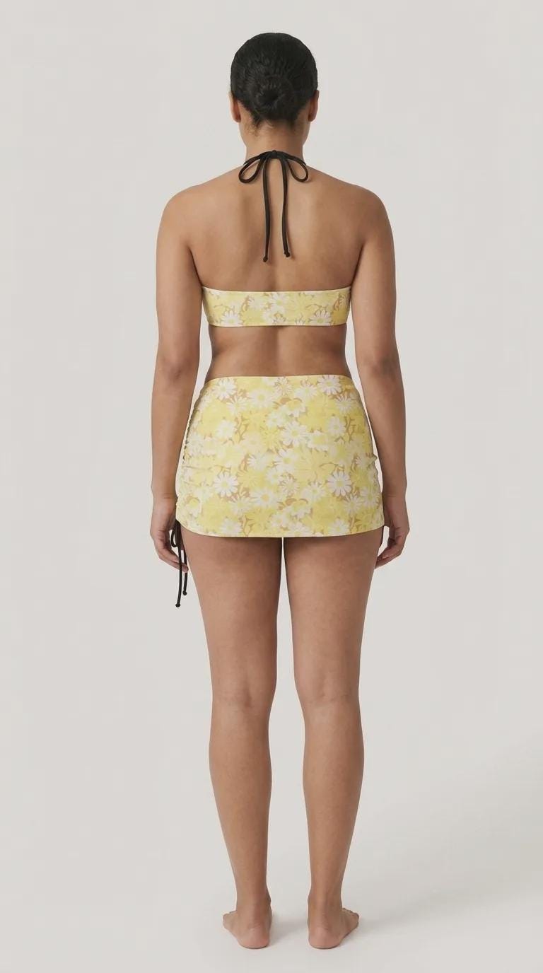 Halter Drawstring Three-Piece Swimsuit with Beach Skirt, Pin-Up Vibe, Retro Yellow Florals