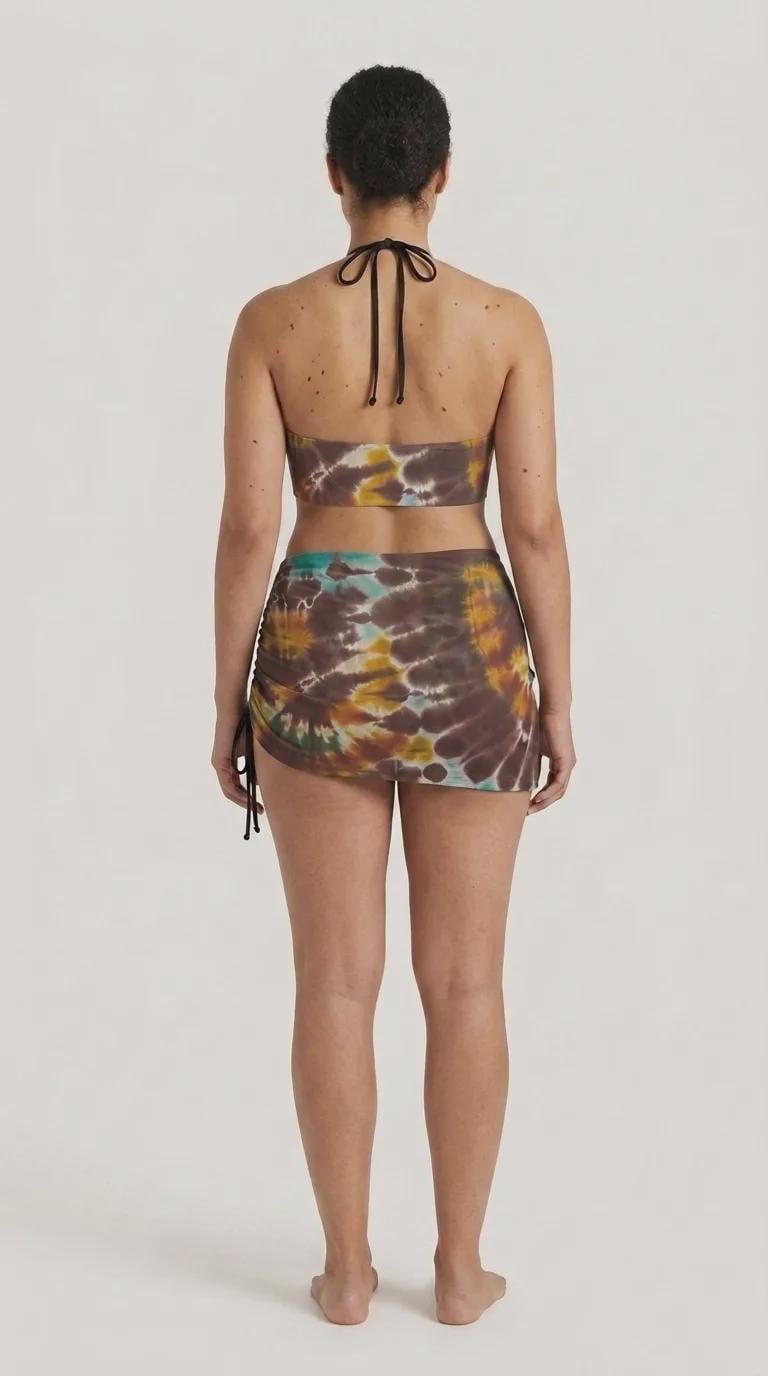 Halter Drawstring Three-Piece Swimsuit with Beach Skirt, Festival Boho Chic Tie-Dye