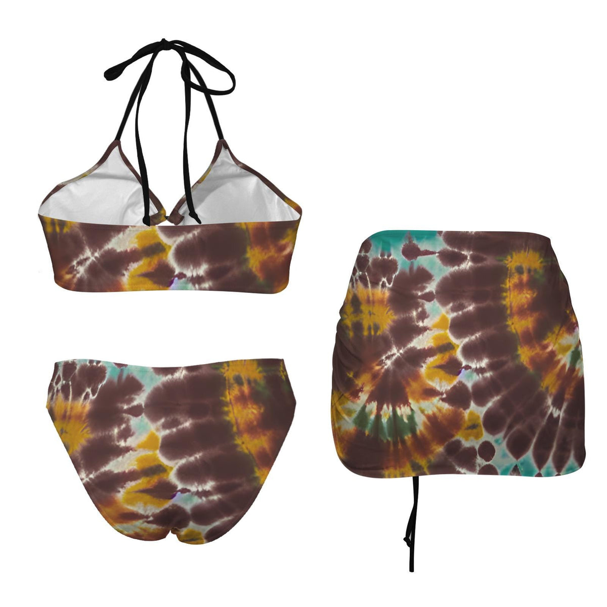 Halter Drawstring Three-Piece Swimsuit with Beach Skirt, Festival Boho Chic Tie-Dye
