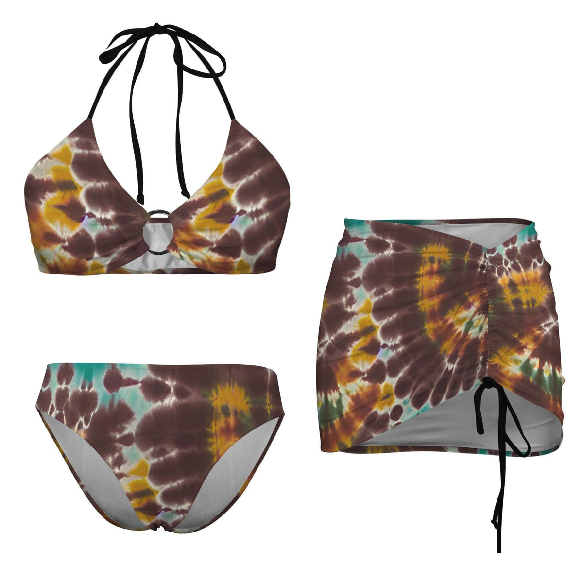 Halter Drawstring Three-Piece Swimsuit with Beach Skirt, Festival Boho Chic Tie-Dye
