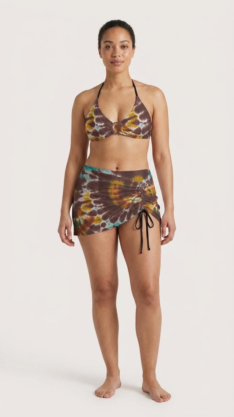 Halter Drawstring Three-Piece Swimsuit with Beach Skirt, Festival Boho Chic Tie-Dye