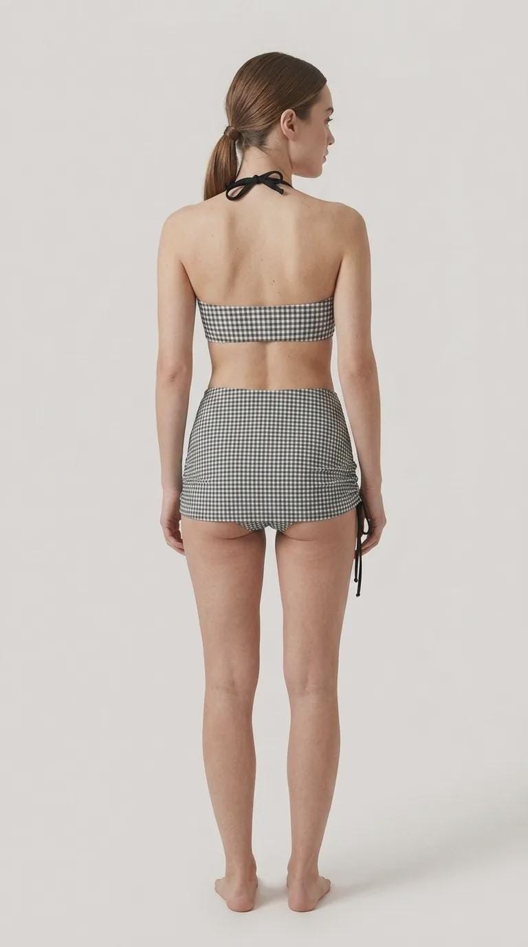 Halter Drawstring Three-Piece Swimsuit with Beach Skirt, Pin-Up Retro Vibe, Black & White Gingham