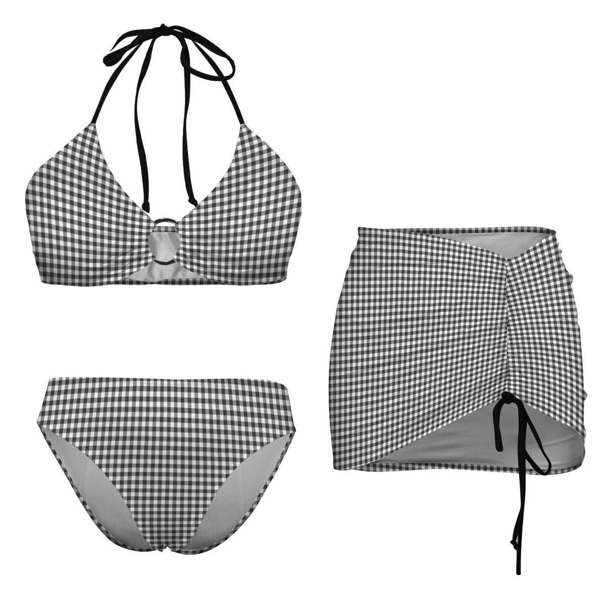 Halter Drawstring Three-Piece Swimsuit with Beach Skirt, Pin-Up Retro Vibe, Black & White Gingham