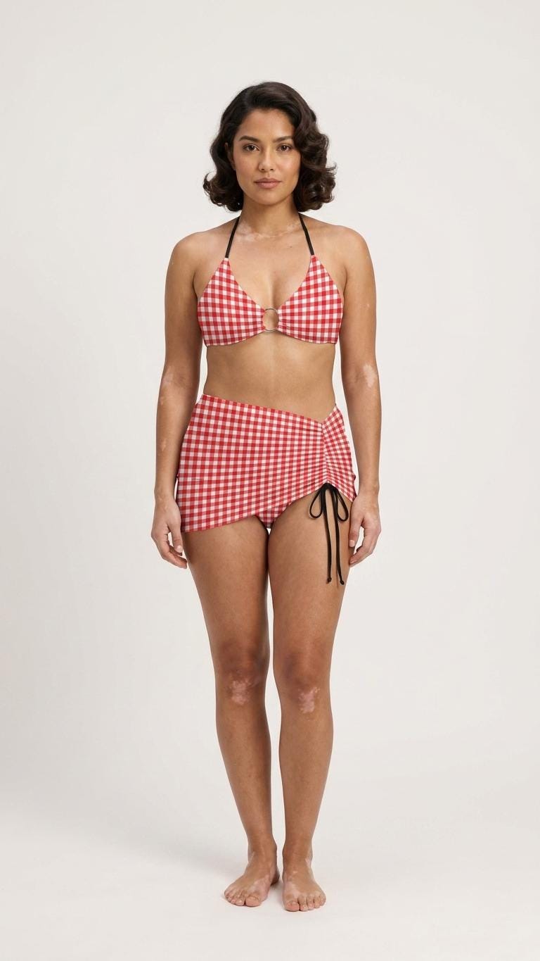 Halter Drawstring Three-Piece Swimsuit with Beach Skirt, Pin-Up Retro Vibe, Red & White Gingham