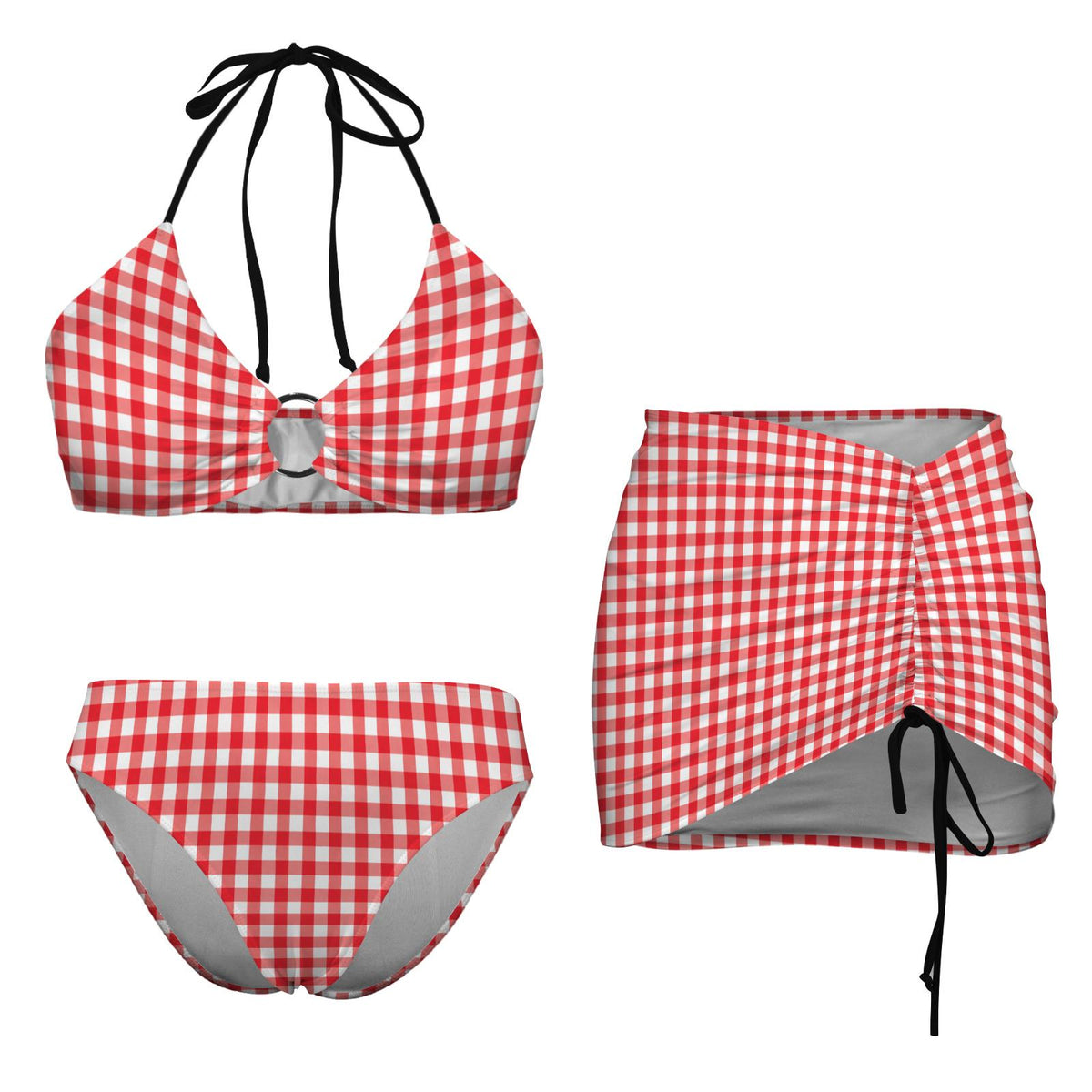 Halter Drawstring Three-Piece Swimsuit with Beach Skirt, Pin-Up Retro Vibe, Red & White Gingham