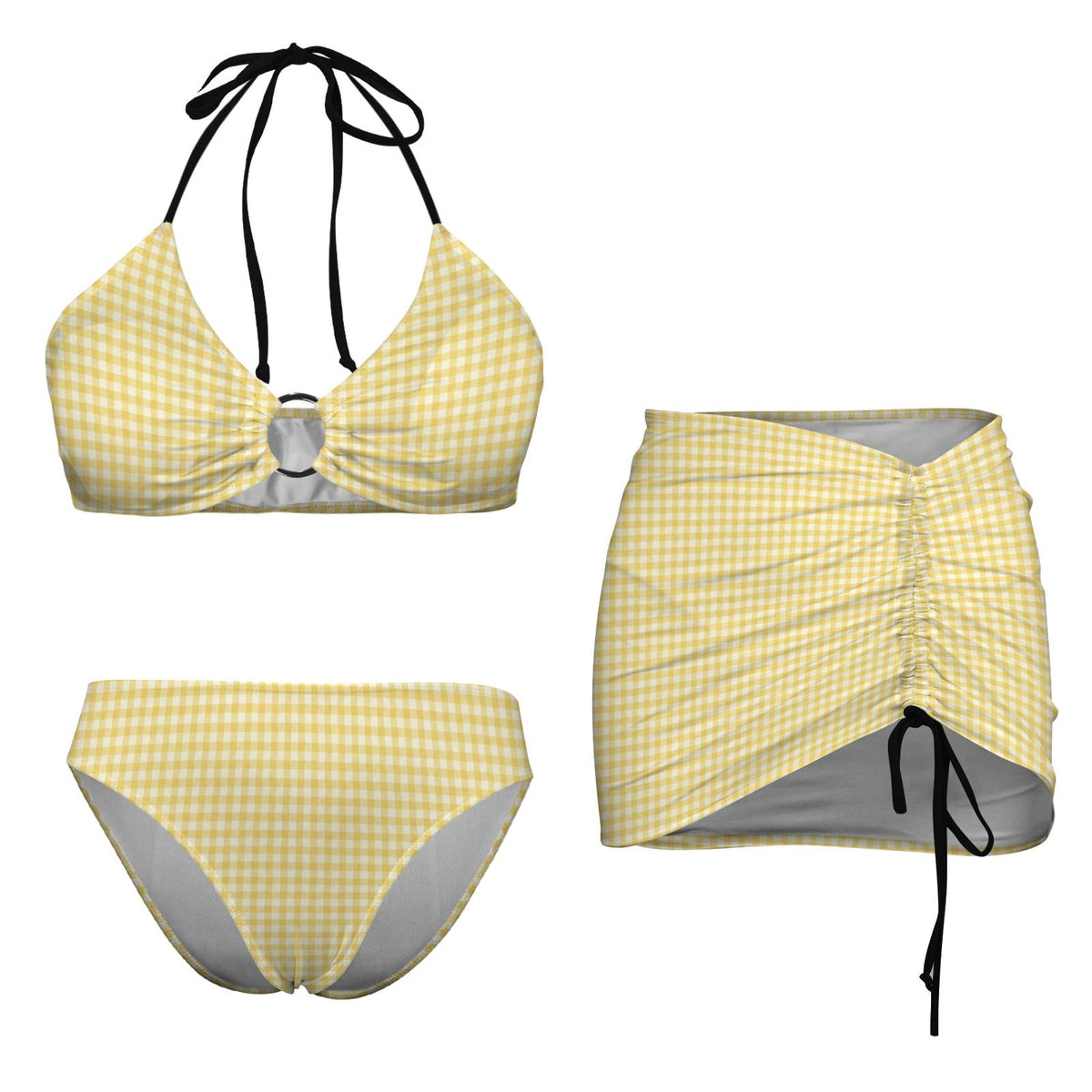 Halter Drawstring Three-Piece Swimsuit with Beach Skirt, Pin-Up Retro Vibe, Yellow & White Gingham