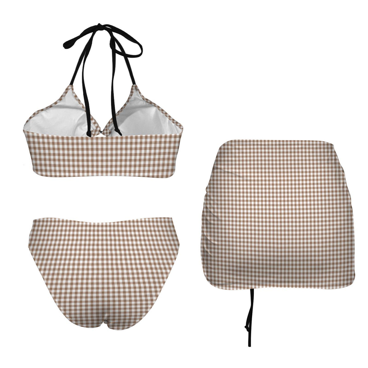 Halter Drawstring Three-Piece Swimsuit with Beach Skirt, Pin-Up Retro Vibe, Brown & White Gingham