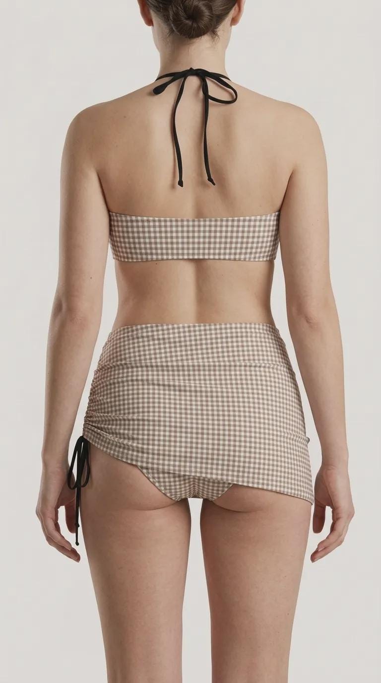 Halter Drawstring Three-Piece Swimsuit with Beach Skirt, Pin-Up Retro Vibe, Brown & White Gingham
