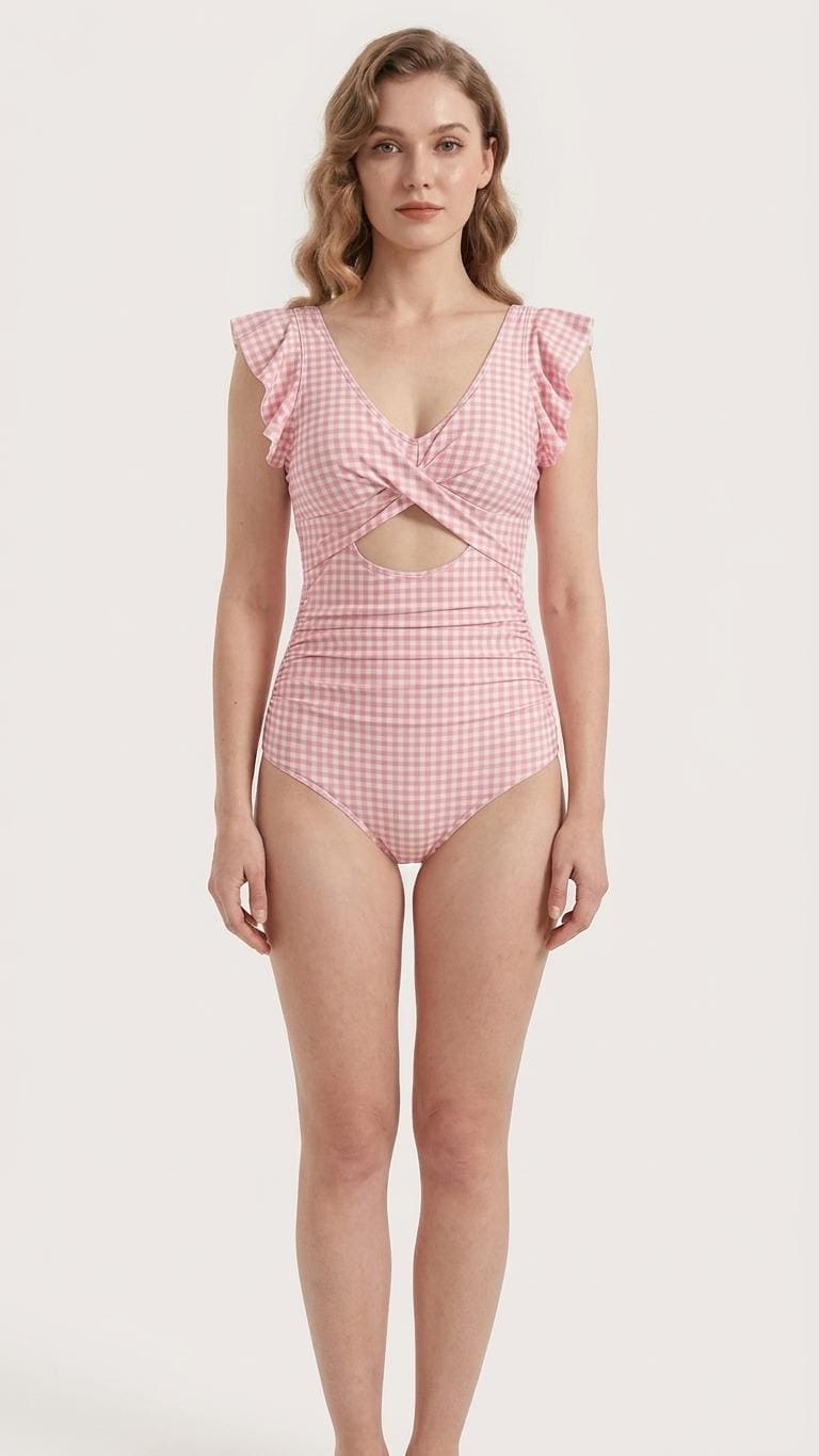 Coquette Romantic Vintage-Inspired Frills V-Neck Ruffle One-Piece Retro Swimsuit, Padding & Tummy Control, Pink