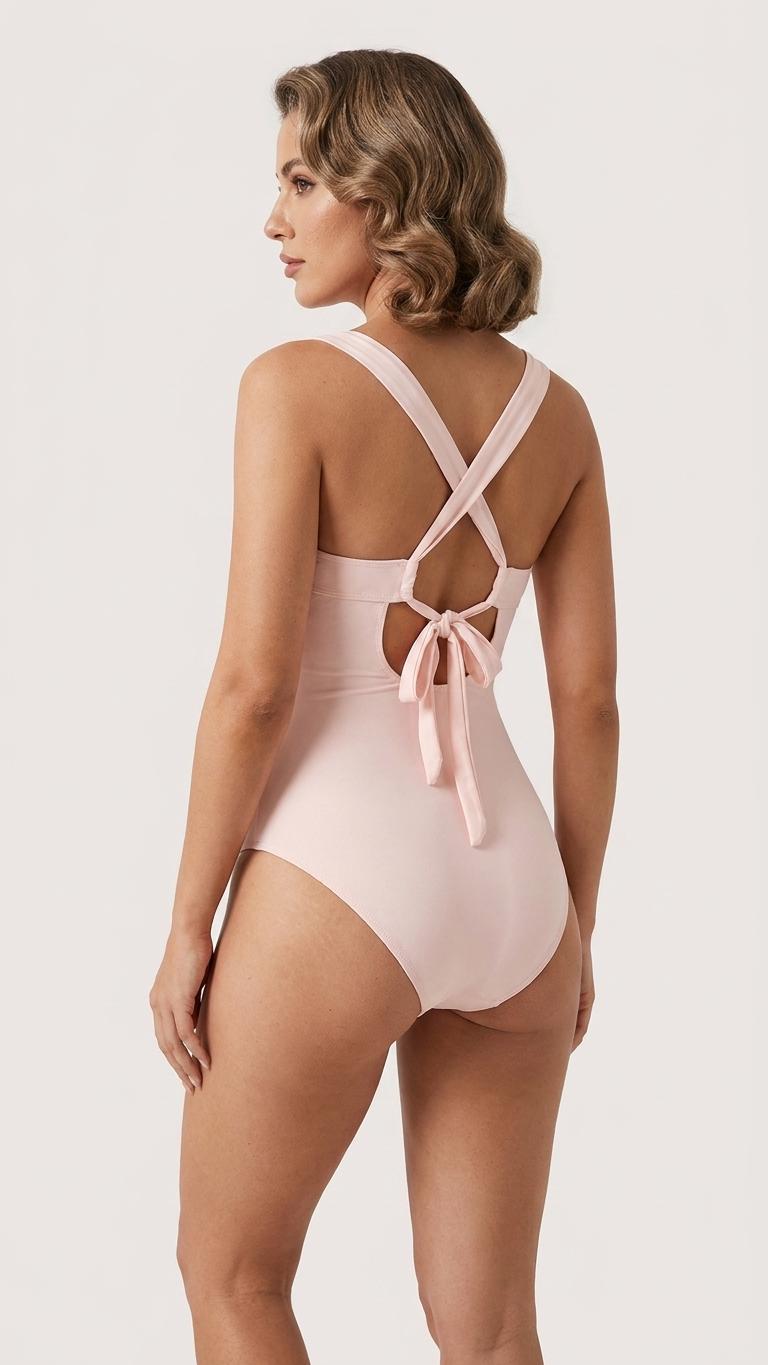 Coquette Romantic Vintage-Inspired Twist-Front V-Neck Plunge One-Piece Retro Swimsuit, Ruching & Cross-Back, Pink