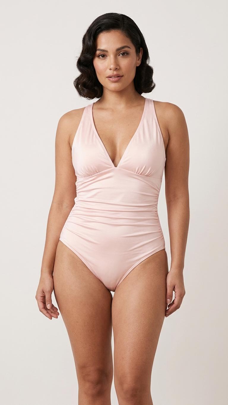 Coquette Romantic Vintage-Inspired Twist-Front V-Neck Plunge One-Piece Retro Swimsuit, Ruching & Cross-Back, Pink