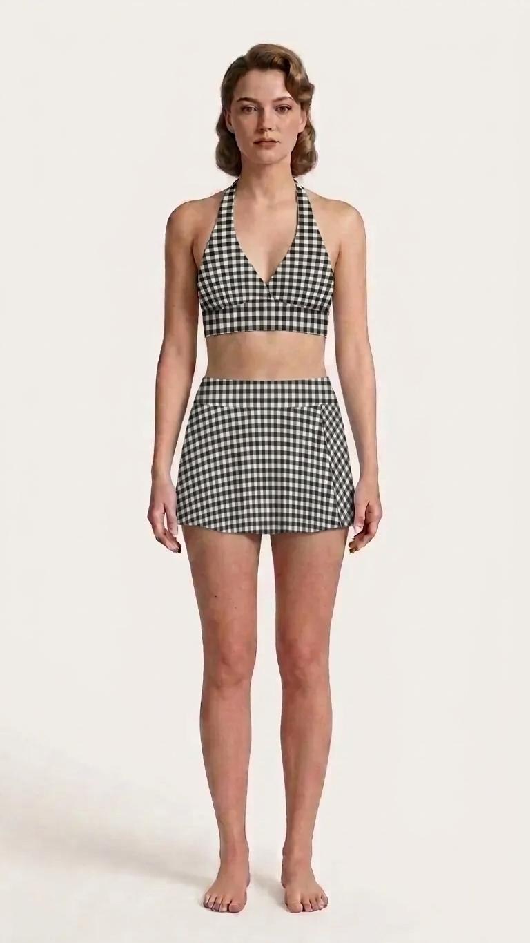 Black Gingham Retro Halter Tankini Skort Swim Set with Integrated Bottoms