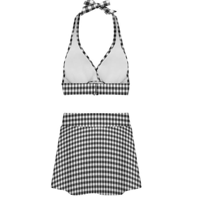 Black Gingham Retro Halter Tankini Skort Swim Set with Integrated Bottoms