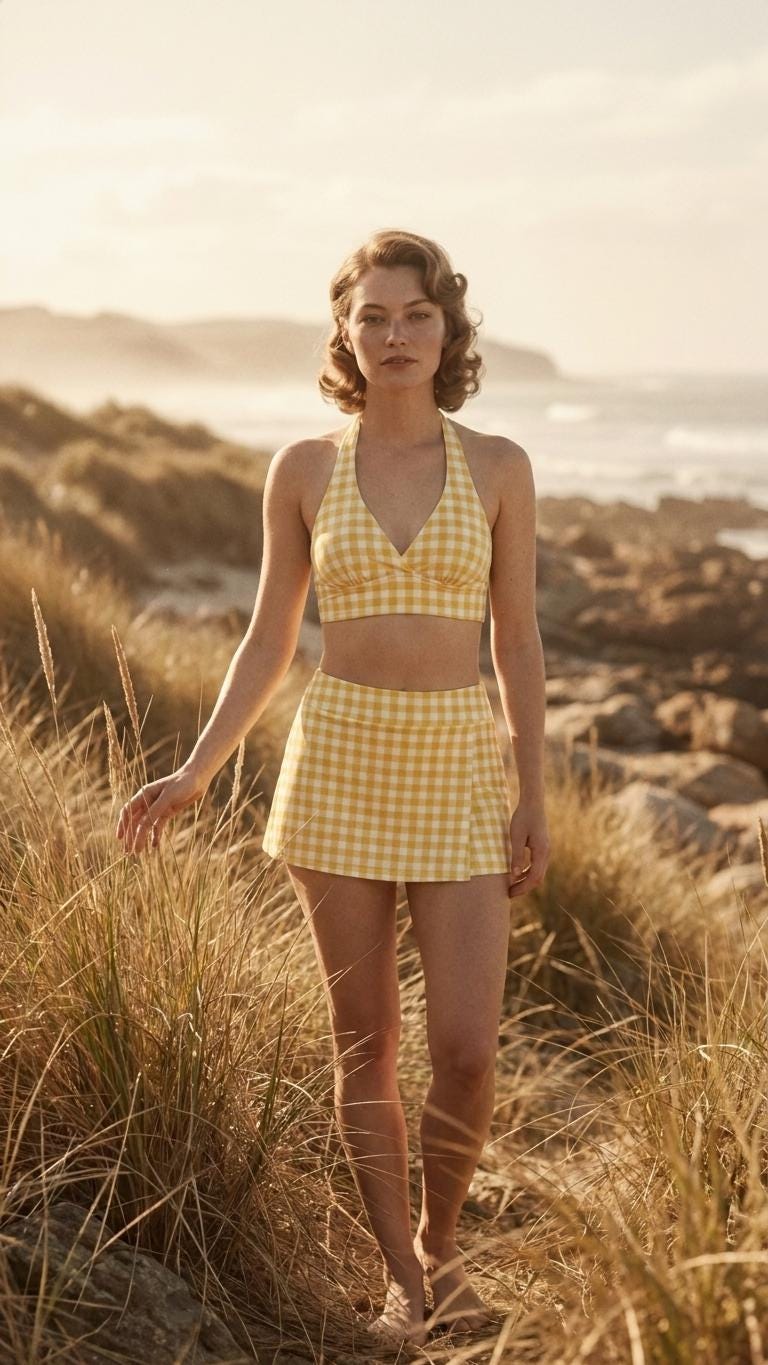 Yellow Gingham Retro Halter Tankini Skort Swim Set with Integrated Bottoms