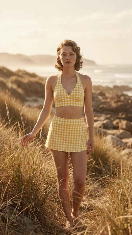 Yellow Gingham Retro Halter Tankini Skort Swim Set with Integrated Bottoms