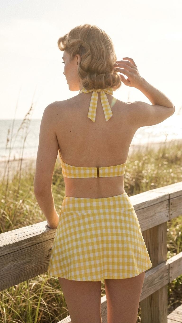 Yellow Gingham Retro Halter Tankini Skort Swim Set with Integrated Bottoms