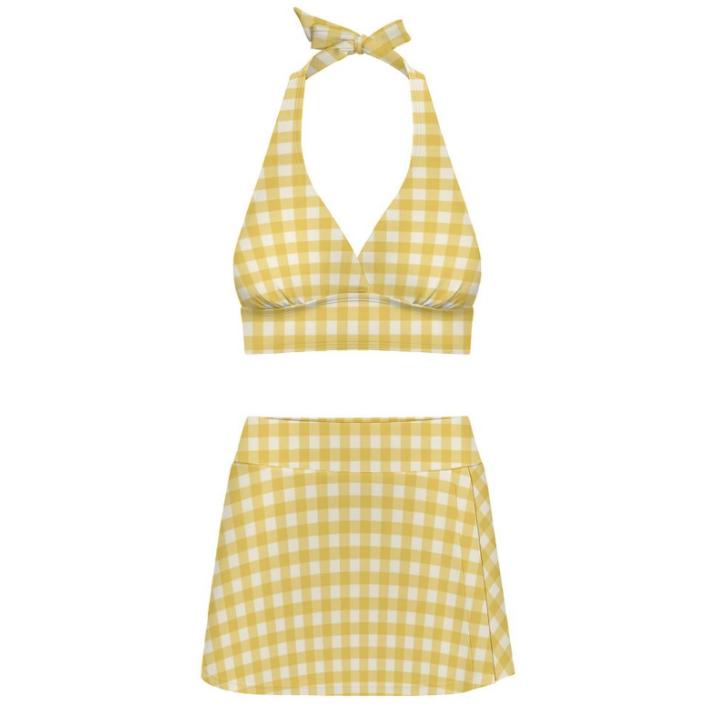 Yellow Gingham Retro Halter Tankini Skort Swim Set with Integrated Bottoms