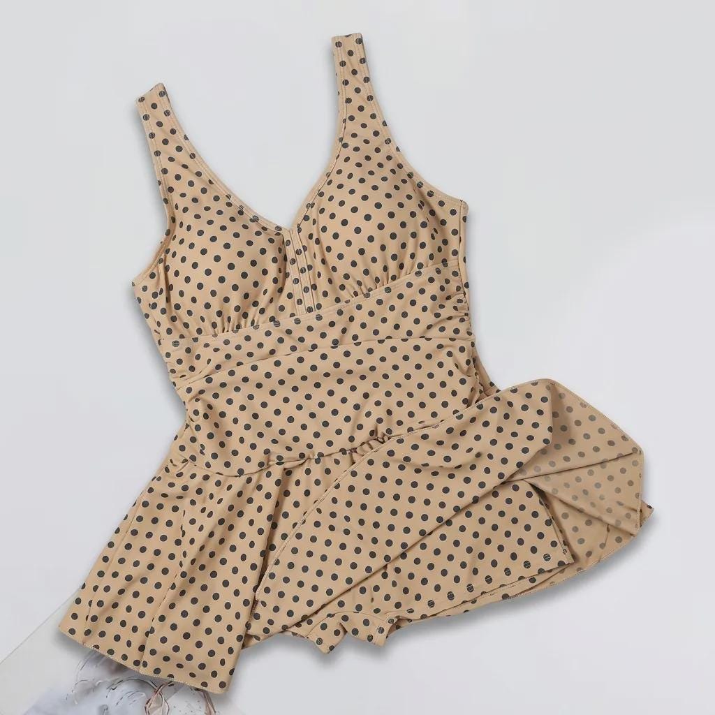 Retro Pleated Swim Dress with Coordinated Bottoms, Vintage-Inspired Modest Tankini, Beige Polka-Dot