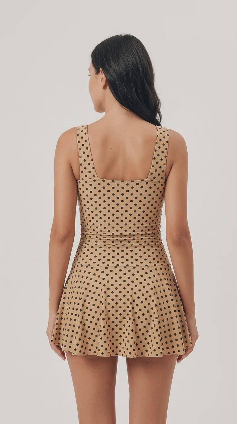 Retro Pleated Swim Dress with Coordinated Bottoms, Vintage-Inspired Modest Tankini, Beige Polka-Dot