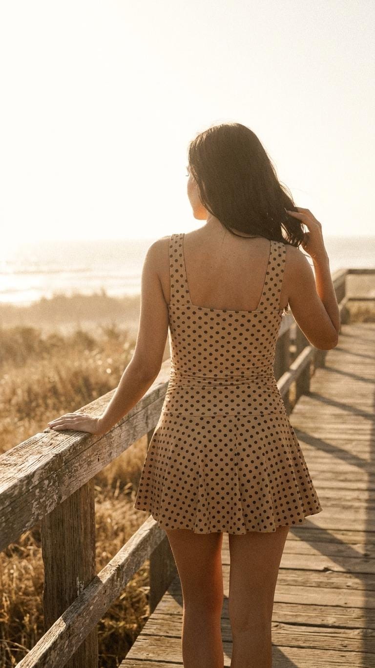 Retro Pleated Swim Dress with Coordinated Bottoms, Vintage-Inspired Modest Tankini, Beige Polka-Dot