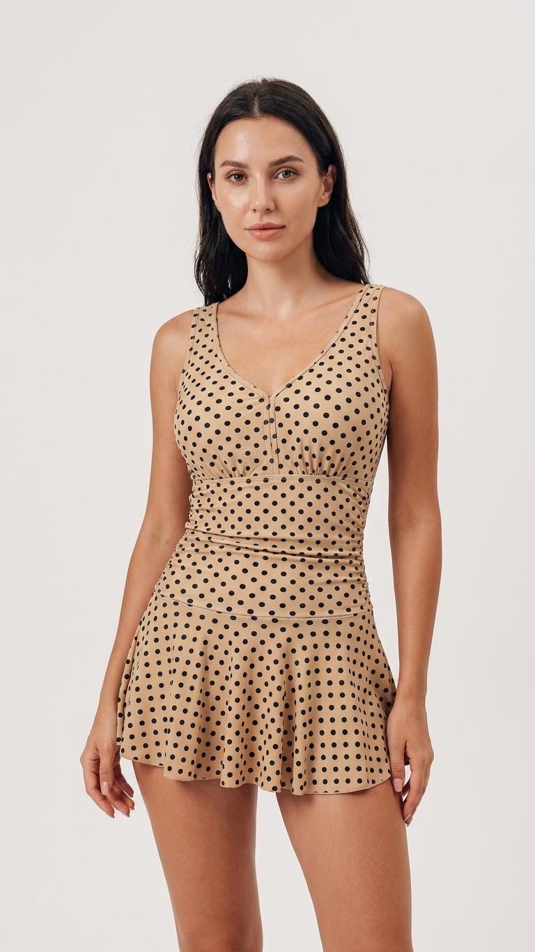 Retro Pleated Swim Dress with Coordinated Bottoms, Vintage-Inspired Modest Tankini, Beige Polka-Dot